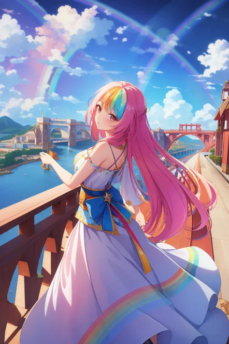 1girl, artistic VRay, intricate details, Rule of Thirds, over the shoulder shot of a Flirty Noble ("Rainbows paint the sky, arching across the heavens, a bridge between earth and ethereal realms.":1.3) , Harsh Overpass in background, Hong Konger woods and vegetation, Stormy weather, Wide view, detailed, masterpiece, Fairy-Tale, Crowcore, Sun Rays, L USM, Velvia, Batik, Movie concept art, ultra high res, highly detailed