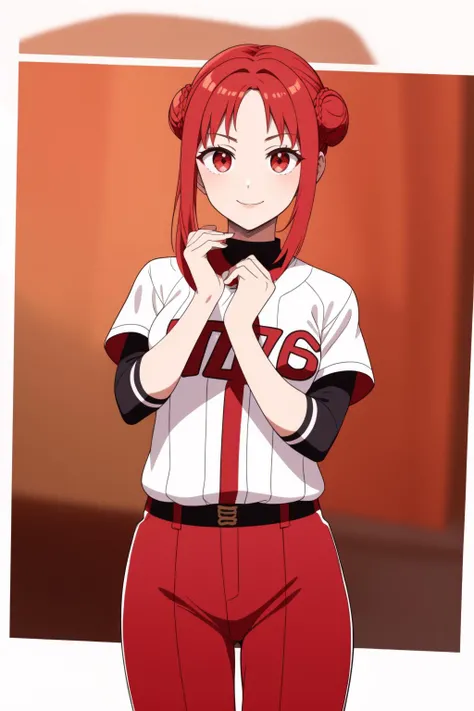 masterpiece, best quality, feMonica, hair bun, braid, wearing a baseball uniform in, red color, cowboy shot, looking at viewer, smile <lora:monica-nvwls-v1-final:0.9> <lora:Baseball Uniform By Stable Yogi:0.9>
