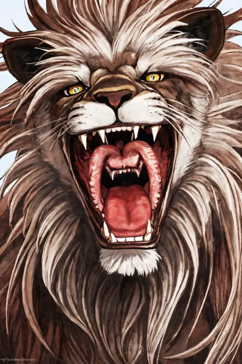 close-up photo portrait of a great red lion, blue eyes, very long lion's mane, roaring, open mouth, fangs, animal, no humans, simple background