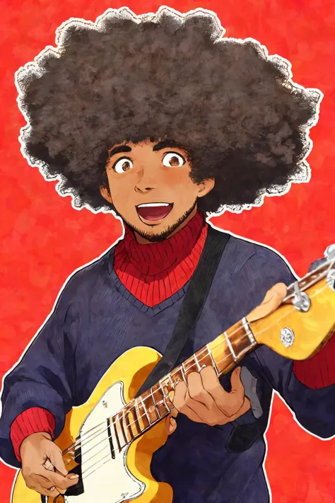 close-up photo portrait of a 45 yo african man, black afro hair, stubble, brown eyes, excited face expression, singing, red bass guitar, blue sweater, black bluesman, simple background