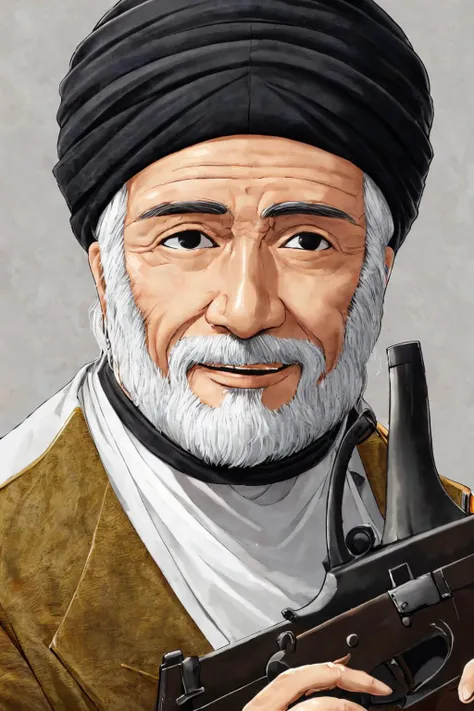close-up photo portrait of a 80 yo aged Arab man, short grey hair, beard, black eyes, joyful face expression, turban, holding ak-47, military, simple background