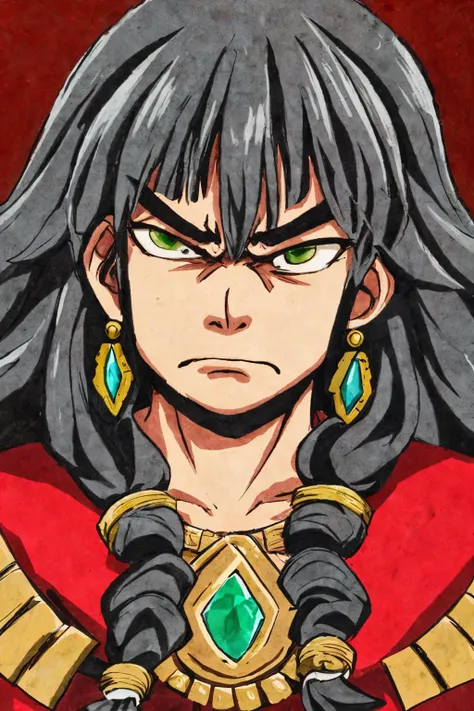 close-up photo portrait of a 60 yo samoan woman, black long curly hair, green eyes, angry face expression, chest red huge gem, necklace, chieftain, traditional, simple background