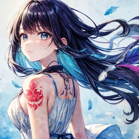 RAW photo, 8k uhd, Analog style, (Masterpiece, Best Quality, Highres:1.3), dramatic, cinematic, BREAK,
(watercolor painting:1.4) by (Agnes Cecile:1.2) of (slim:1.1) indian (girl:1.2) upper body from behind, (sundress made of feathers:1.3), cute face, (dynamic pose:1.1), (eyes:0.8), looking up, ((very long:1.1) flying blue hair:1.2) with (purple:1.1) (feather:1.4), (tattoo:1.3), (clouds, mountain, field:0.8), wind, ((colorful:1.1) watercolor blots background:1.3), (soft colors, fluid strokes, transparent layers:1.3), (hyperdetailed, absurdres, sketch:1.1), BREAK,
<lora:more_details:0.7>,