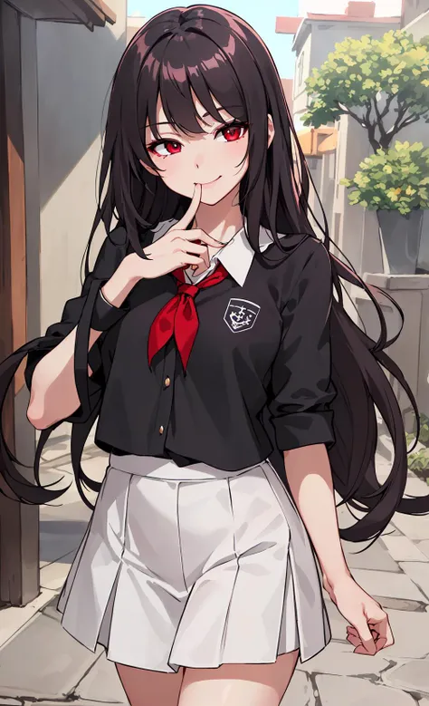 day, alley,cowboy shot,finger to mouth,black school uniform,one eye closed,smile,pale red eyes,(best quality,8k,Beautiful detailed eyes,extremely CG, Detailed and beautiful outlines:1.2),(glistening skin,soft light,natural light,Caucasian skin:1.3),