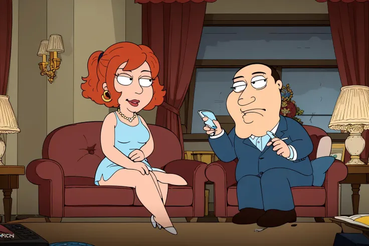 a woman and a man sitting in a couch in the living room, well draw eyes and eye pupil , EdobFamilyGuy <lora:EdobFamilyGuy_v1.0:0.8>