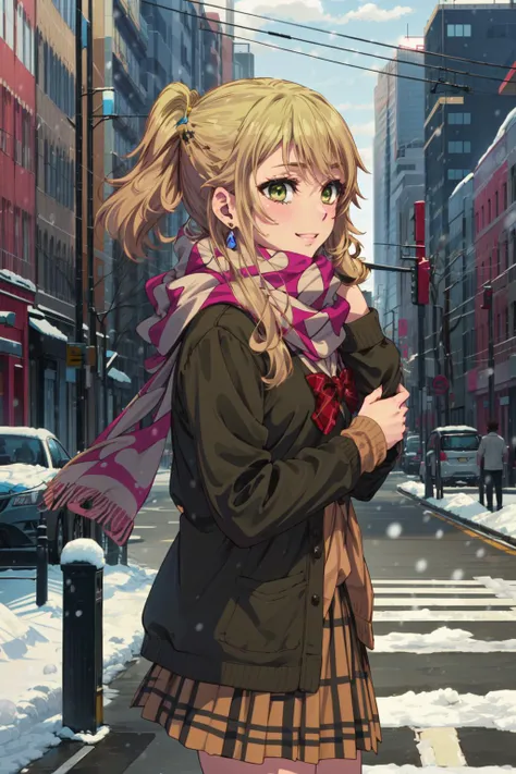 masterpiece,best quality,1girl,aihara yuzu,Aihara,gyaru school uniform,green uniform,gyaru,scarf,smile,city street,snow,cowboy shot,from side,<lora:CHAR-Citrus-Yuzu Aihara-SOSDAN:0.8>,