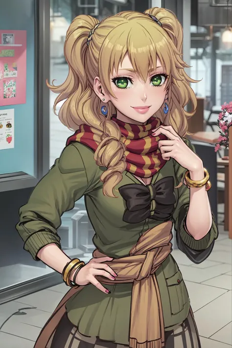 (best quality), (masterpiece), Aihara, gyaru, green uniform, scarf, looking at viewer, smiling, <lora:YuzuAihara:1>
