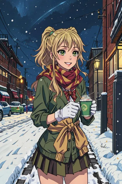 masterpiece, best quality, 1girl, solo, <lora:YuzuAihara:0.7>Aihara, gyaru school uniform, green uniform, gyaru, scarf, light smile, waking on the street, gloves, holding hot drink, snow, snowing, night sky, city lights, <lora:more_details:0.3>