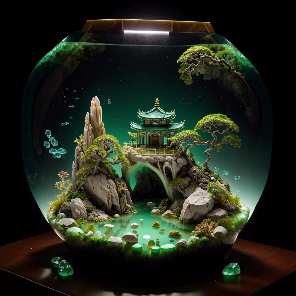 photorealistic,realive,miniature,bonsai in glass box,independent building,grass,nature,no humans,(underwater:1.3),fantasy,goldfish,
golden,gold trim,circular ring,fluorescent light,flsorescence,glow,glowing,jade and gem textured,(((mountain made of natural jades and Gems))),(waters),Ancient pavilion,plants,jewelry of jadeite and jade,genuine pearl,
(auspicious clouds:1.1),towering trees,