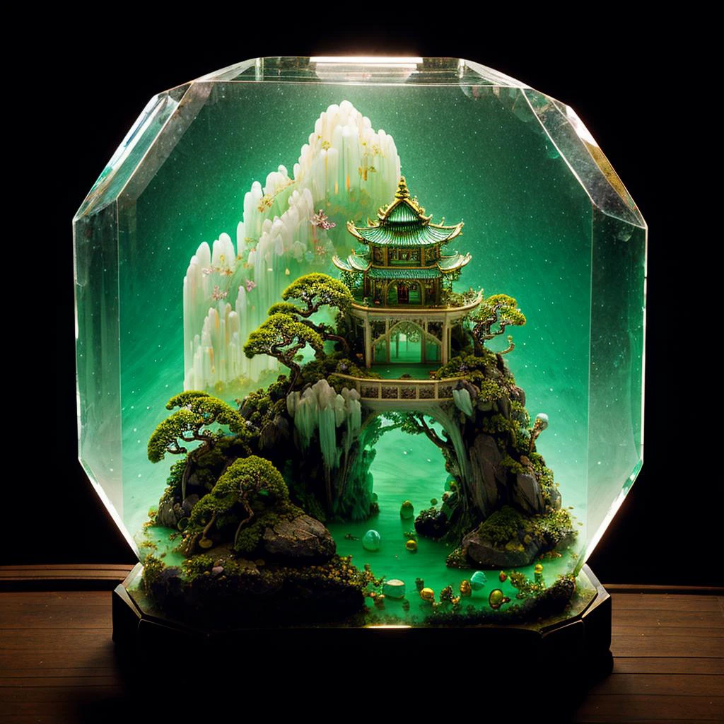 photorealistic,realive,miniature,bonsai in glass box,independent building,grass,nature,no humans,(underwater:1.3),fantasy,goldfish,
golden,gold trim,circular ring,fluorescent light,flsorescence,glow,glowing,jade and gem textured,(((mountain made of natural jades and Gems))),(waters),Ancient pavilion,plants,jewelry of jadeite and jade,genuine pearl,
(auspicious clouds:1.1),towering trees,<lora:ButterflyX_v26:0.8>,