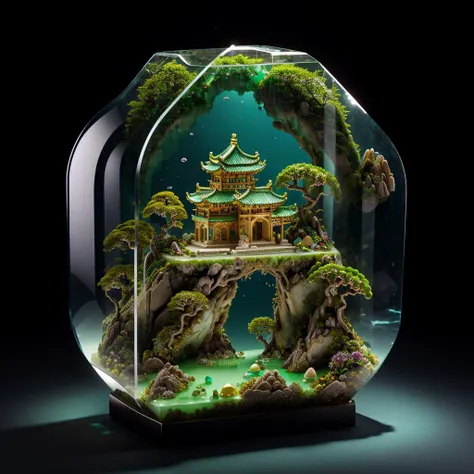 photorealistic,realive,miniature,bonsai in glass box,independent building,grass,nature,no humans,(underwater:1.3),fantasy,goldfish,
golden,gold trim,circular ring,fluorescent light,flsorescence,glow,glowing,jade and gem textured,(((mountain made of natural jades and Gems))),(waters),Ancient pavilion,plants,jewelry of jadeite and jade,genuine pearl,
(auspicious clouds:1.1),towering trees,<lora:iconsGoBk_v16:0.4>,