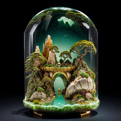 photorealistic,realive,miniature,bonsai in glass box,independent building,grass,nature,no humans,(underwater:1.3),fantasy,goldfish,
golden,gold trim,circular ring,fluorescent light,flsorescence,glow,glowing,jade and gem textured,(((mountain made of natural jades and Gems))),(waters),Ancient pavilion,plants,jewelry of jadeite and jade,genuine pearl,
(auspicious clouds:1.1),towering trees,<lora:iconsGoBk_v16:0.6>,