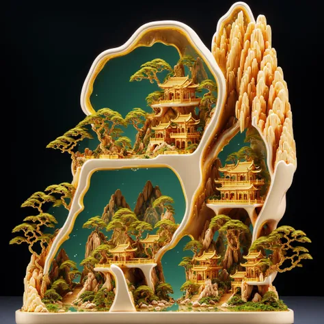 photorealistic,3d render,realive,miniature,bonsai in box,golden independent building,grass,nature, golden,gold trim,circular ring by LED flexiable Rope Light,fluorescent light,flsorescence,inner glow,glowing,jade and gem textured,(((golden mountain))),(waters),golden Ancient pavilion,plants,jewelry of jadeite and jade,genuine pearl, (golden auspicious clouds:1.1),towering trees,light strip,mountain road,light strip,backlight,transparent acrylic,<lora:ali_golden_v22:0.8>,