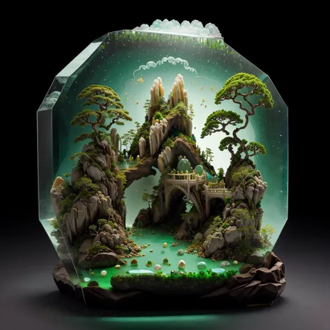 photorealistic,realive,miniature,bonsai in glass box,independent building,grass,nature,no humans,(underwater:1.3),fantasy,goldfish,
golden,gold trim,circular ring,fluorescent light,flsorescence,glow,glowing,jade and gem textured,(((mountain made of natural jades and Gems))),(waters),Ancient pavilion,plants,jewelry of jadeite and jade,genuine pearl,
(auspicious clouds:1.1),towering trees,