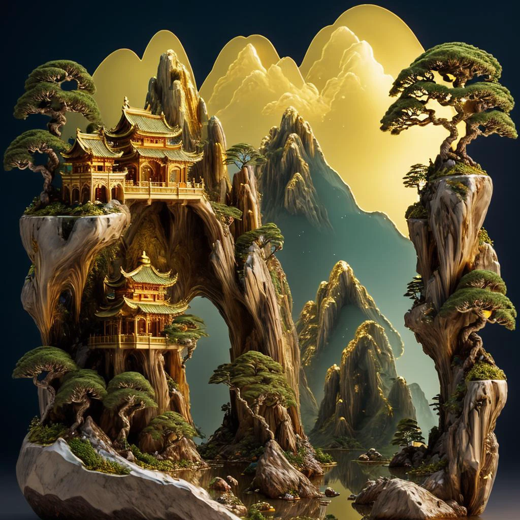 photorealistic,3d render,realive,miniature,bonsai in box,golden independent building,grass,nature, golden,gold trim,circular ring by LED flexiable Rope Light,fluorescent light,flsorescence,inner glow,glowing,jade and gem textured,(((golden mountain))),(waters),golden Ancient pavilion,plants,jewelry of jadeite and jade,genuine pearl, (golden auspicious clouds:1.1),towering trees,light strip,mountain road,light strip,backlight,transparent acrylic,<lora:ali_golden_v22:0.6>,
Desolate planet surface, metallic petrified flora, rusted iron, dusk, cold tones, warm red-orange sun, looming darkness, feeling of unease, jagged rock spire, towering ancient metal ruins, <lora:EnhancedDetail:0.8>