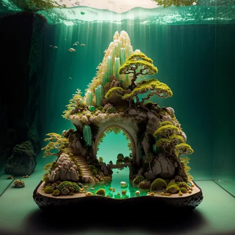 photorealistic,realive,miniature,bonsai in glass box,independent building,grass,nature,no humans,(underwater:1.3),fantasy,goldfish,
golden,gold trim,circular ring,fluorescent light,flsorescence,glow,glowing,jade and gem textured,(((mountain made of natural jades and Gems))),(waters),Ancient pavilion,plants,jewelry of jadeite and jade,genuine pearl,
(auspicious clouds:1.1),towering trees,<lora:ButterflyX_v26:0.3>,