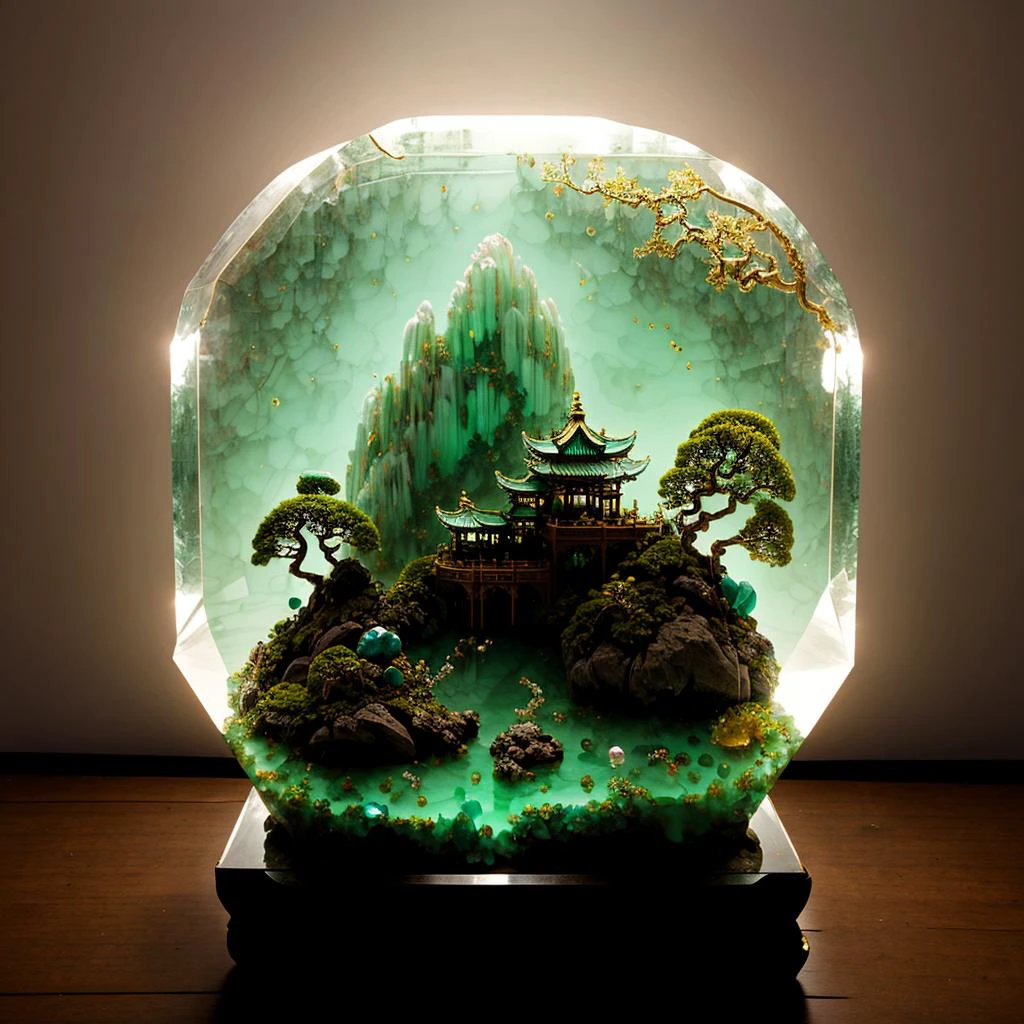 photorealistic,realive,miniature,bonsai in glass box,independent building,grass,nature,no humans,(underwater:1.3),fantasy,goldfish,
golden,gold trim,circular ring,fluorescent light,flsorescence,glow,glowing,jade and gem textured,(((mountain made of natural jades and Gems))),(waters),Ancient pavilion,plants,jewelry of jadeite and jade,genuine pearl,
(auspicious clouds:1.1),towering trees,<lora:ButterflyX_v26:0.8>,
