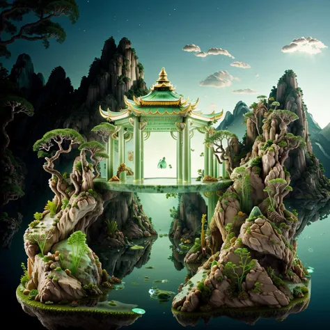 photorealistic,realive,independent building,grass,nature,no humans,(underwater:1.3),fantasy,goldfish,
golden,circular ring,fluorescent light,flsorescence,glow,glowing,(((a Mountain made of natural jades and Gems))),(waters),Ancient pavilion,plants,Jewelry of Jadeite and Jade,inverted reflection in water,
(auspicious clouds:1.1),towering trees,