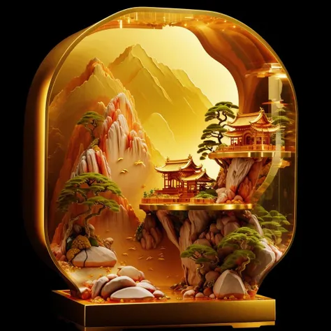 photorealistic,realive,miniature,bonsai in box,golden independent building,grass,nature,no humans,(underwater:1.3),fantasy,goldfish,
golden,gold trim,circular ring,fluorescent light,flsorescence,glow,glowing,jade and gem textured,(((golden mountain))),(waters),golden Ancient pavilion,plants,jewelry of jadeite and jade,genuine pearl,
(golden auspicious clouds:1.1),towering trees,light strip,mountain road,light strip,backlight,transparent acrylic,<lora:ali_golden_v22:0.8>,