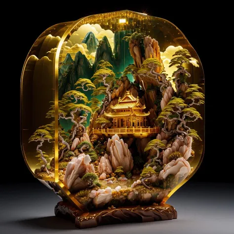 photorealistic,realive,miniature,nature,no humans,golden bonsai,
golden independent building,golden plant,jade and gem,(golden mountain),(waters),(auspicious clouds:1.1),
fluorescent light,glow,glowing,light strip,backlight,transparent acrylic,<lora:ali_golden_v22:0.4>,