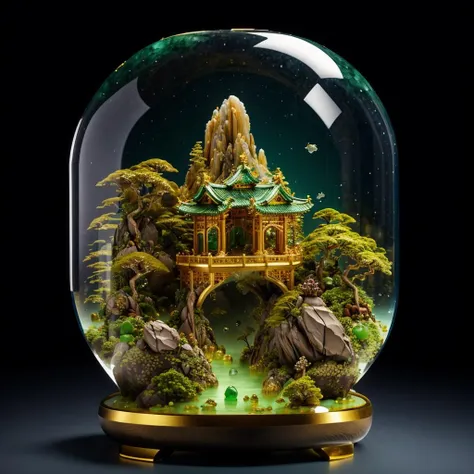 photorealistic,realive,miniature,bonsai in glass box,independent building,grass,nature,no humans,(underwater:1.3),fantasy,goldfish,
golden,gold trim,circular ring,fluorescent light,flsorescence,glow,glowing,jade and gem textured,(((mountain made of natural jades and Gems))),(waters),Ancient pavilion,plants,jewelry of jadeite and jade,genuine pearl,
(auspicious clouds:1.1),towering trees,<lora:iconsGoBk_v16:0.85>,