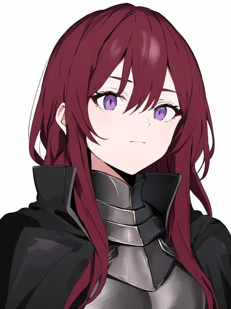 Masterpiece, best quality, best work, beautiful face, white background, 1990's rpg portrait, portrait, detailed eyes, sharp hair, violet hair, red hair, capelet, armored, knight, calm