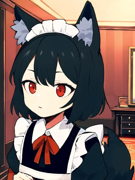 closed mouth, thinking, curious, looking up, hand on chin,  black hair, red eyes, (wolf ears:1.1), witch outfit, maid outfit, (ornate room), traditional art, ddari