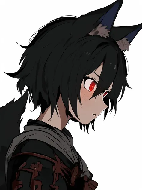 best work, black hair, red eyes, black hair, wolf ears, wolf tail, crpg, dungeon crawler, wrpg, rpg, mage, dragon's dogma, elder scrolls, dark souls, (pauldrons), high fantasy, stonewalls, pillars, dungeon, torch light, dramatic shadows, face focus,, blush, nervous, closed mouth,