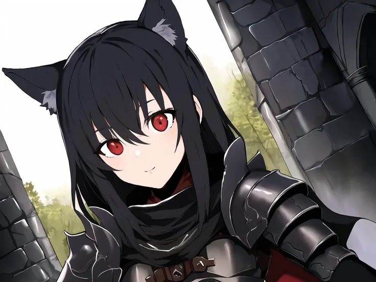 cowl, armor, wolf girl, iron armor, red eyes, black hair, rpg portrait, detailed eyes, cathedral, ruins, relaxing down at the abbey