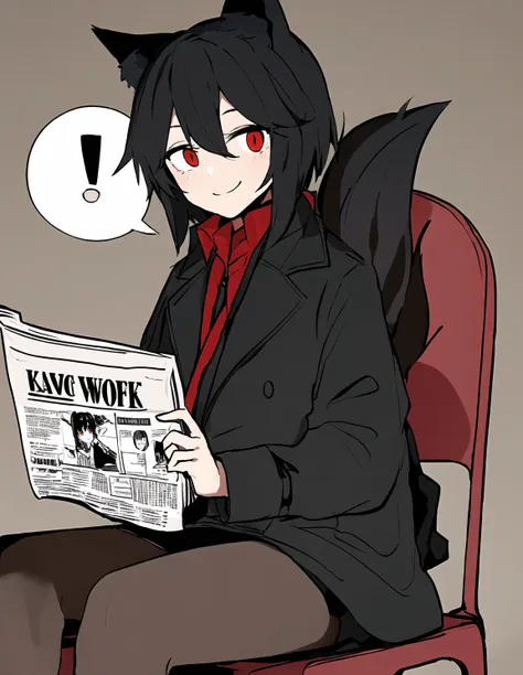 hisha, best work, black pupils, bags under eyes, black hair, reading news paper, red eyes, black hair, wolf ears, wolf tail, crpg, wrpg, fallout, post-apocalyptic, sitting on plastic lawn chair, black skirt, wasteland, ruins, brown trench coat, torn shirt, dramatic shadows, face focus, smile, blush, nervous, closed mouth,