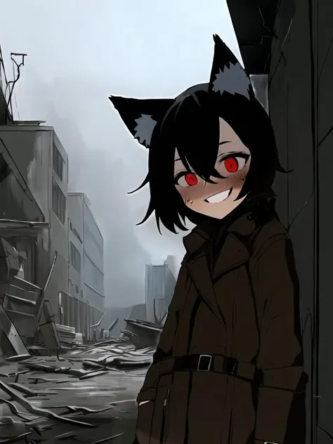 black hair, red eyes, black hair, wolf ears, wolf tail, crpg, wrpg, fallout, post-apocalyptic, black skirt, wasteland, ruins, brown trench coat, torn shirt, dramatic shadows, face focus, smile, blush, nervous, closed mouth