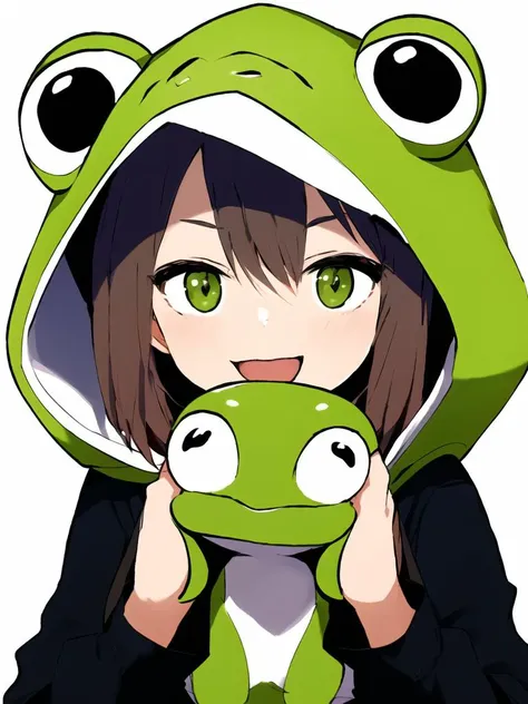 Gorgeous female photo, Masterpiece, best quality, best work, promotional art, beautiful face, hoody, smug, 2d, white background, hands on face, frog hoody, ufufufufu, :P,