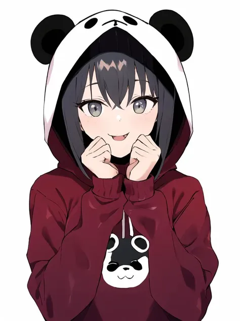 Gorgeous female photo, Masterpiece, best quality, best work, promotional art, beautiful face, hoody, smug, 2d, white background, hands on face, panda hoody, ufufufufu, :P