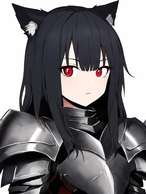 cowl, armor, wolf girl, iron armor, red eyes, black hair, rpg portrait, detailed eyes, cathedral, ruins, relaxing down at the abbey, hand on sword