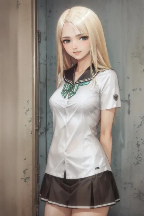 (masterpiece, best quality:1.2), <lora:fault_wingfield-10:1>, cowboy shot, solo, 1girl, date wingfield reiko, smile, closed mouth, looking at viewer, arms behind back, white serafuku, black sailor collar, short sleeves, black pleated skirt