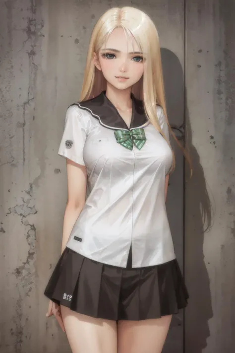 (masterpiece, best quality:1.2), <lora:fault_wingfield-10:1>, cowboy shot, solo, 1girl, date wingfield reiko, smile, closed mouth, looking at viewer, arms behind back, white serafuku, black sailor collar, short sleeves, black pleated skirt