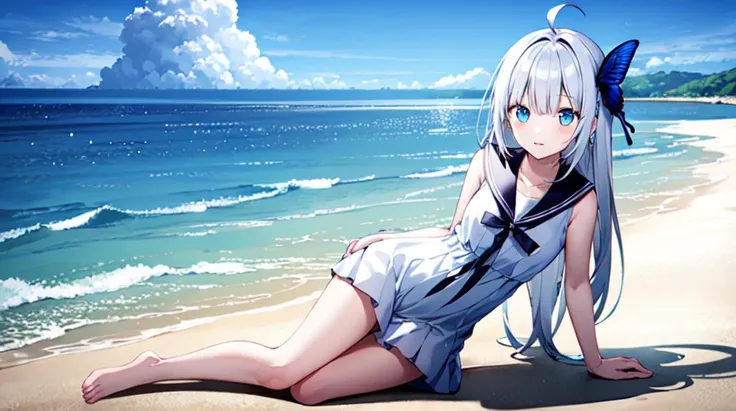 ginka,1girl, suspender skirt,ocean,beautiful detailed water,on the beach,blue sky,sunny,sunlight,yokozuwari,dress,sailor collar, butterfly hair ornament, barefoot, looking at viewer, ahoge, white hair,ahoge<lora:ginkastest:0.55>