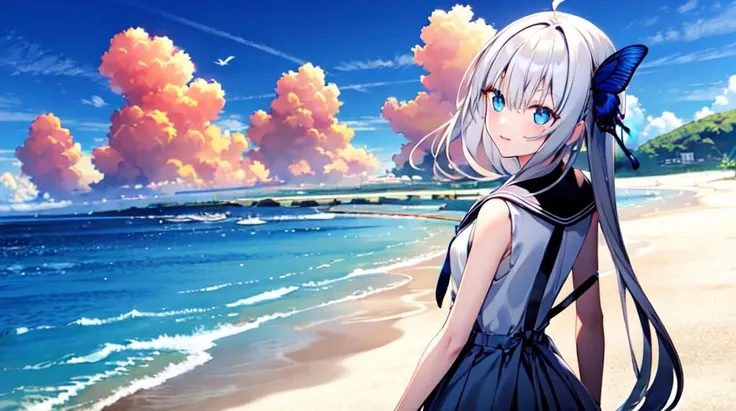 ginka,1girl, suspender skirt,beautiful detailed water,on the beach,flower,looking_back,swimsuit,bikini,sailor collar, butterfly hair ornament, ahoge, white hair,ahoge<lora:ginkastest:0.55>