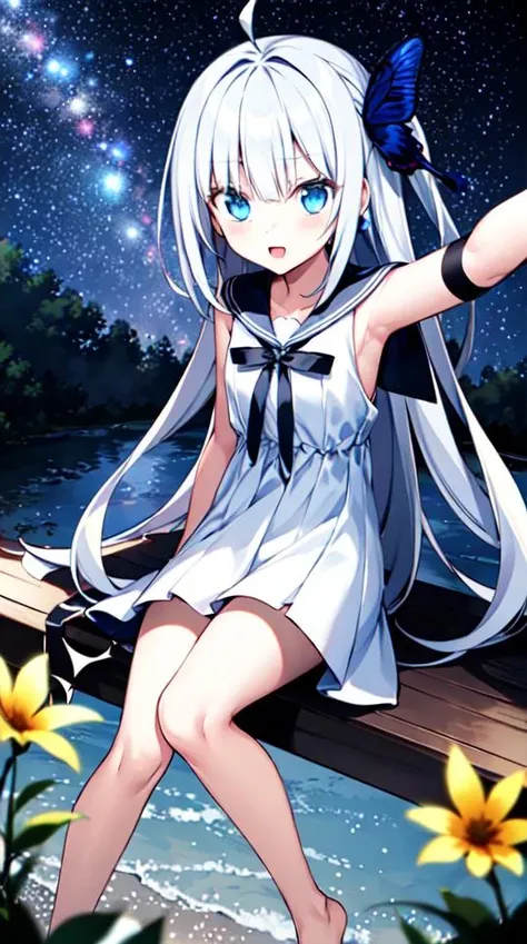 ginka,1girl, suspender skirt,cumulonimbus calvus,flowers meadows,cumulonimbus calvus,night sky,star river,,selfie,dress,sailor collar, butterfly hair ornament, barefoot, looking at viewer, ahoge, white hair,ahoge<lora:ginkastest:0.6>