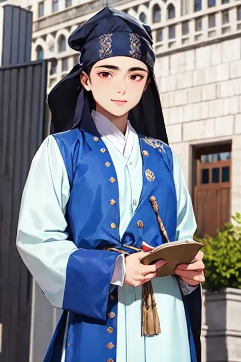 1male, hanbok, bandana, korean clothes, upper body, outdoors, from front, <lora:hanbok_ymaster_v6:1>