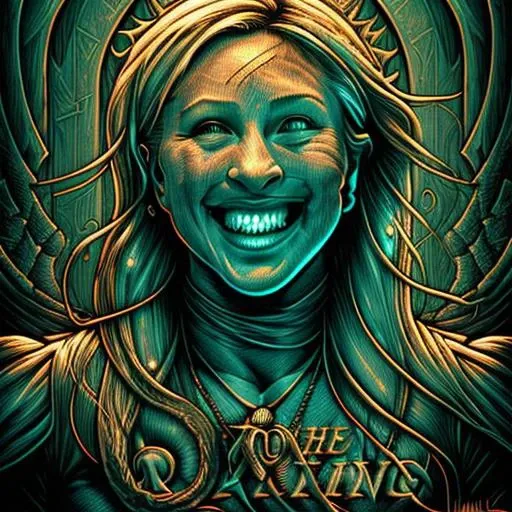 the (laughing girl:1.1), photo of (m4arj0r13t4y10rgr33n:1.3), mouth open, portrait, symmetrical artistic sharp art, dan mumford style, hdr, realism, dark atmosphere, lovecraft style, (JimJorCrafLogo art style:1.3), 1girl, (Marjorie Taylor Greene:1.3) face, MTG, Marjorie, evil
