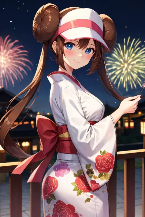 <lora:rosa_v2:0.8> rosa pokemon, double bun, solo, 1girl, medium breasts, visor cap, blush, smile, twintails, brown hair, hair bun, long hair, kimono, Japanese clothes, black kimono, wide sleeves, long sleeves, night time, outdoors, aerial fireworks, looking at side, dark , floral print