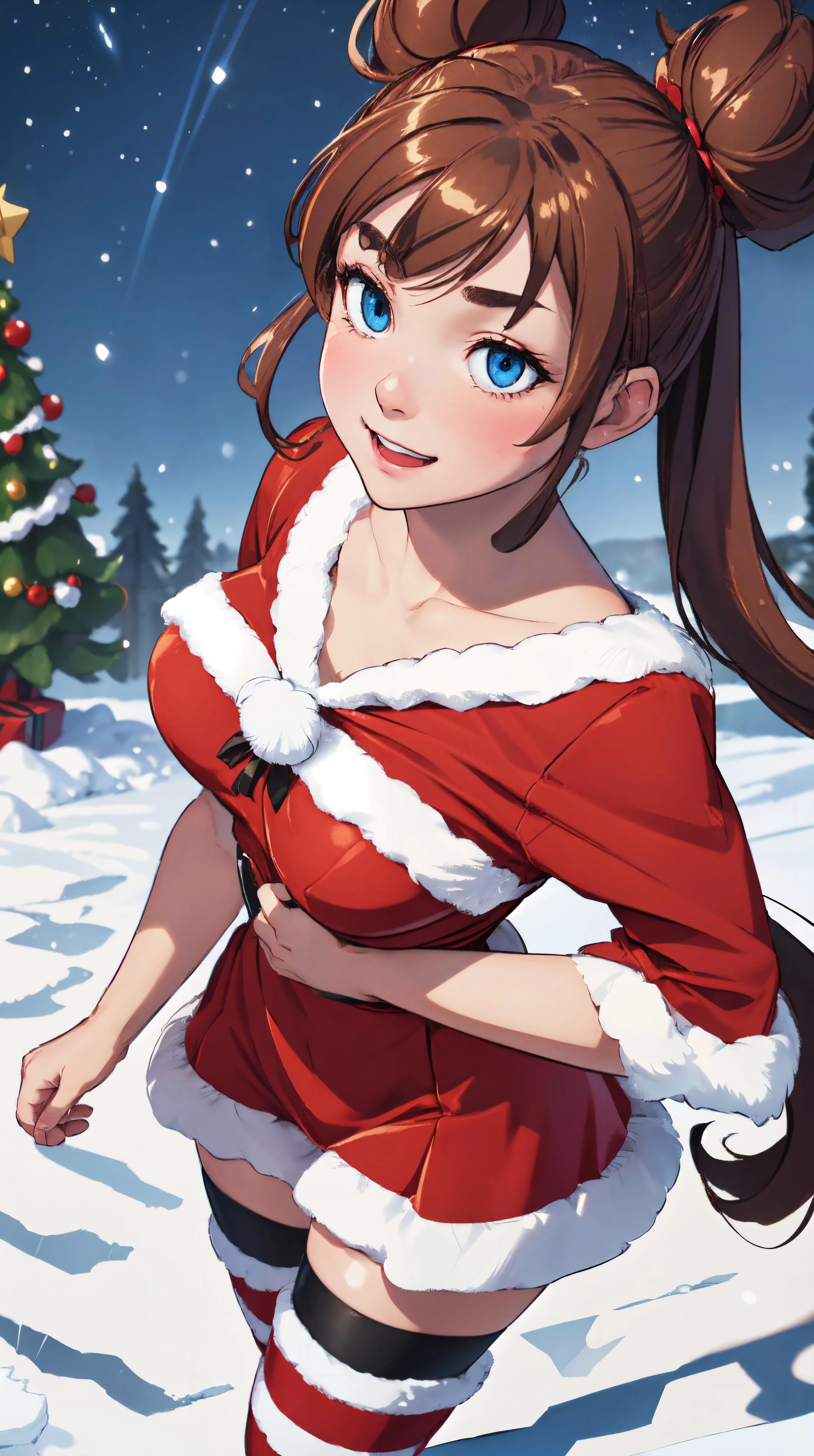 photorealistic, octane render, best quality, sharp focus, (8k), (4k), (Masterpiece), (Best Quality), (realistic skin texture), extremely detailed, intricate, hyper detailed, , illustration, soft lighting, ((dimly lit)) , high resolution, sharp detail, (masterpiece, best quality, hires, high resolution), extremely detailed, realistic, highres, <lora:detail_slider_v4:0.8> <lora:rosa_v2:0.8> rosa pokemon, blue eyes, brown hair, long hair, twintails,double bun, cheerful expression, full body, large breasts, dynamic pose , night, ((rim lighting)), ((night time lighting)), <lora:duobackground:0.4> night sky, Christmas tree, snowing background, <lora:SANTADRESS:0.8> sntdrs, red santa dress, red white striped thighhighs, from above,