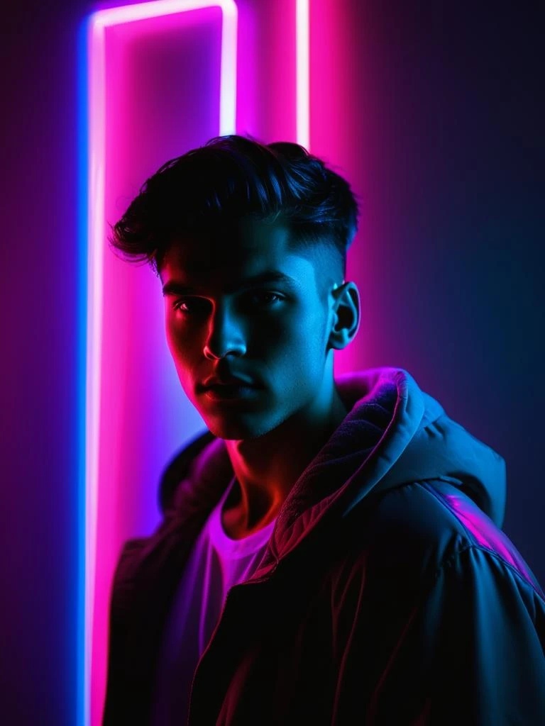 photograph, Neon Light, Dark hue, Iphone X, telephoto lens, Conceptual Boy, volumetric lighting