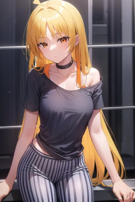seikaijichi, <lora:seikaijichi-lora-nochekaiser:1>,
seika ijichi, ahoge, blonde hair, yellow hair, long hair, (orange eyes:1.5), parted bangs, sidelocks,
BREAK black footwear, black shirt, choker, high heels, long sleeves, pants, shirt, striped, striped pants, vertical stripes, vertical-striped pants,
BREAK indoors, club,
BREAK looking at viewer, (cowboy shot:1.5),
BREAK <lyco:GoodHands-beta2:1>, (masterpiece:1.2), best quality, high resolution, unity 8k wallpaper, (illustration:0.8), (beautiful detailed eyes:1.6), extremely detailed face, perfect lighting, extremely detailed CG, (perfect hands, perfect anatomy),