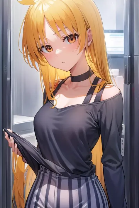 seikaijichi, <lora:seikaijichi-lora-nochekaiser:1>,
seika ijichi, ahoge, blonde hair, yellow hair, long hair, (orange eyes:1.5), parted bangs, sidelocks,
BREAK black footwear, black shirt, choker, high heels, long sleeves, pants, shirt, striped, striped pants, vertical stripes, vertical-striped pants,
BREAK indoors, club,
BREAK looking at viewer, (cowboy shot:1.5),
BREAK <lyco:GoodHands-beta2:1>, (masterpiece:1.2), best quality, high resolution, unity 8k wallpaper, (illustration:0.8), (beautiful detailed eyes:1.6), extremely detailed face, perfect lighting, extremely detailed CG, (perfect hands, perfect anatomy),