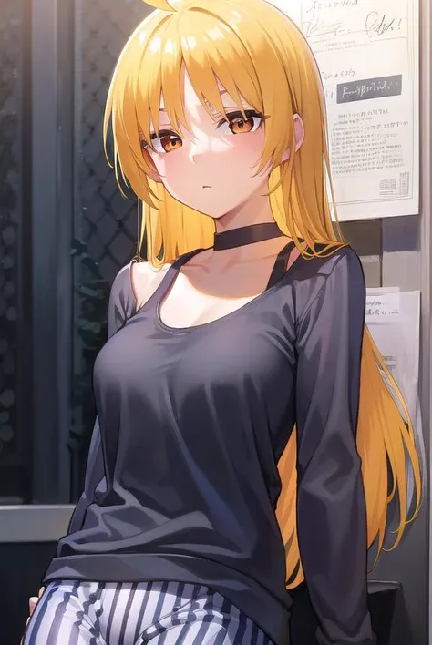 seikaijichi, <lora:seikaijichi-lora-nochekaiser:1>, 
seika ijichi, ahoge, blonde hair, yellow hair, long hair, (orange eyes:1.5), parted bangs, sidelocks,
BREAK black footwear, black shirt, choker, high heels, long sleeves, pants, shirt, striped, striped pants, vertical stripes, vertical-striped pants,
BREAK indoors, club,
BREAK looking at viewer, (cowboy shot:1.5), 
BREAK <lyco:GoodHands-beta2:1>, (masterpiece:1.2), best quality, high resolution, unity 8k wallpaper, (illustration:0.8), (beautiful detailed eyes:1.6), extremely detailed face, perfect lighting, extremely detailed CG, (perfect hands, perfect anatomy),