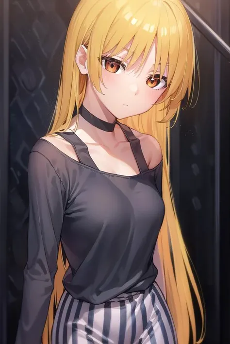 seikaijichi, <lora:seikaijichi-lora-nochekaiser:1>,
seika ijichi, ahoge, blonde hair, yellow hair, long hair, (orange eyes:1.5), parted bangs, sidelocks,
BREAK black footwear, black shirt, choker, high heels, long sleeves, pants, shirt, striped, striped pants, vertical stripes, vertical-striped pants,
BREAK indoors, club,
BREAK looking at viewer, (cowboy shot:1.5),
BREAK <lyco:GoodHands-beta2:1>, (masterpiece:1.2), best quality, high resolution, unity 8k wallpaper, (illustration:0.8), (beautiful detailed eyes:1.6), extremely detailed face, perfect lighting, extremely detailed CG, (perfect hands, perfect anatomy),