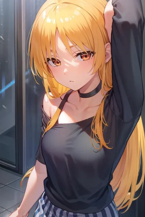 seikaijichi, <lora:seikaijichi-lora-nochekaiser:1>,
seika ijichi, ahoge, blonde hair, yellow hair, long hair, (orange eyes:1.5), parted bangs, sidelocks,
BREAK black footwear, black shirt, choker, high heels, long sleeves, pants, shirt, striped, striped pants, vertical stripes, vertical-striped pants,
BREAK indoors, club,
BREAK looking at viewer, (cowboy shot:1.5),
BREAK <lyco:GoodHands-beta2:1>, (masterpiece:1.2), best quality, high resolution, unity 8k wallpaper, (illustration:0.8), (beautiful detailed eyes:1.6), extremely detailed face, perfect lighting, extremely detailed CG, (perfect hands, perfect anatomy),