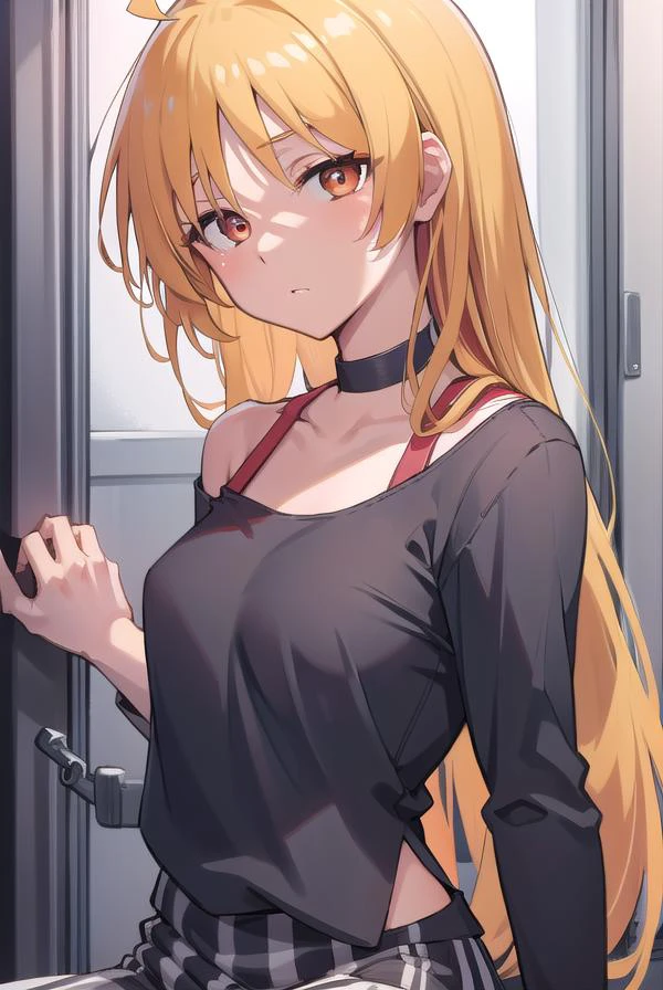 seikaijichi, <lora:seikaijichitest:1>, seika ijichi, ahoge, blonde hair, yellow hair, long hair, (red eyes:1.5), parted bangs, sidelocks,
BREAK black footwear, black shirt, choker, high heels, long sleeves, pants, shirt, striped, striped pants, vertical stripes, vertical-striped pants,
BREAK looking at viewer,
BREAK indoors, club,
BREAK <lora:GoodHands-vanilla:1>, (masterpiece:1.2), best quality, high resolution, unity 8k wallpaper, (illustration:0.8), (beautiful detailed eyes:1.6), extremely detailed face, perfect lighting, extremely detailed CG, (perfect hands, perfect anatomy),